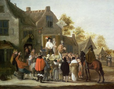 Acteurs op een dorpskermis door Cornelis Beelt